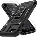 2 x DEERLAMN Case for iPhone SE 2022/2020,for iPhone 8/7 with Slide Camera Cover + Screen Protector,Rotated Ring Kickstand Military Grade Shockproof Protective Cover 4.7 Inch-Black