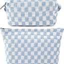 SOIDRAM 2 Pieces Makeup Bag Large Checkered Cosmetic Bag Capacity Canvas Mix Travel Toiletry Bag Organizer Cute Makeup Brushes Aesthetic Accessories Storage Bag for Women, Checkered Mix Blue