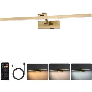 Wireless Picture Lights for Wall Battery Operated, Brass Art Lighting for Paintings Rechargeable Gallery lights with Remote and Timer 3CCT Dimmable Painting Lights for Artwork Portrait 23.6 inch