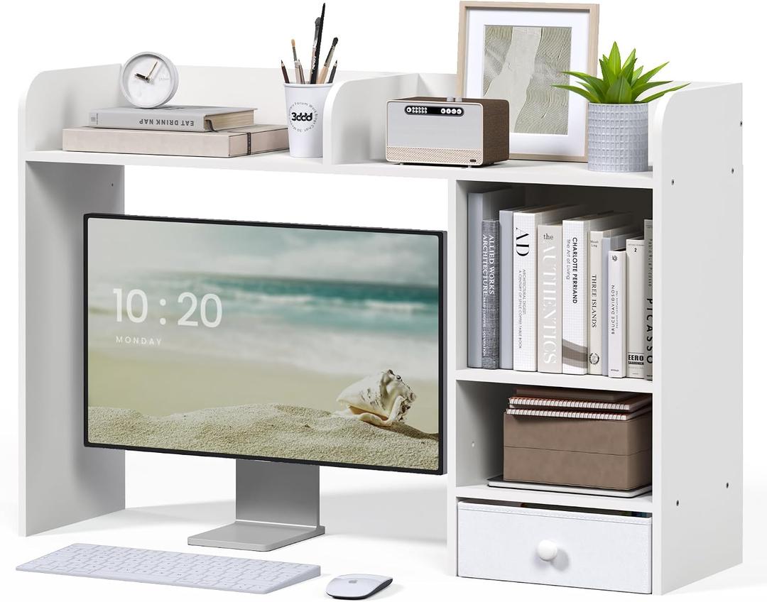 LAND·VOI Desktop Bookshelf with Drawer, Desk Hutch with 4 Storage Shelves for Computer Desk, Desk Shelf for Home Office Dorm, Dressing Tabletop, Bar Countertop, White, 37.2 x 10.24 x 24.61 inches