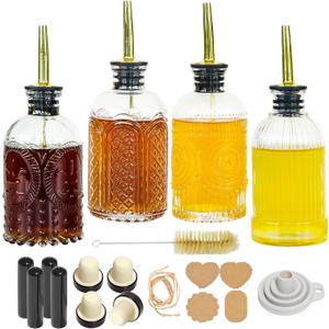 Syrup Dispenser Bottles Set,4 pcs 7oz Glass Coffee Syrup Bottle,Coffee Bar Accessories with Metal Pour Spout Ideal and labels for Coffee Syrups,Coffee bar