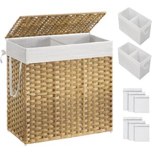 SONGMICS Laundry Hamper with Lid, 130L Clothes Hamper with 2 Removable Liner Bags, 6 Mesh Bags, Wicker Laundry Basket, Double Laundry Hamper for Bathroom, 13 x 26 x 23.6 Inches, Natural ULCB253N01
