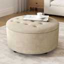 30 Inch Round Storage Ottoman,Modern Tufted Ottomans,Circular Coffee Table with Removable Top,Upholstered Large Ottoman with Storage Footrest Stool for Bedroom Living Room, Lightbrown