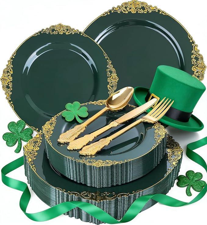 125PCS Green and Gold Plastic Plates - Fancy Green Disposable Plates - Vintage Plate with Gold Plastic Silverware Set for 25 Guests for Party Wedding St. Patrick's Day