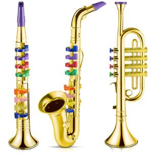 Lewtemi Set of 3 Saxophone for Kids Musical Instruments Toy Saxophone Toy Trumpet and Clarinet with 8 Colored Coded Keys Teaching Songs Gifts for Toddlers Children(Gold)