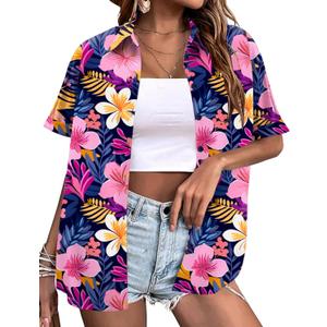 LOMON Women's Summer Hawaiian Shirts Floral Short Sleeve Button Down Shirts Hawaii Tropical Beach Tops Outfits (S)
