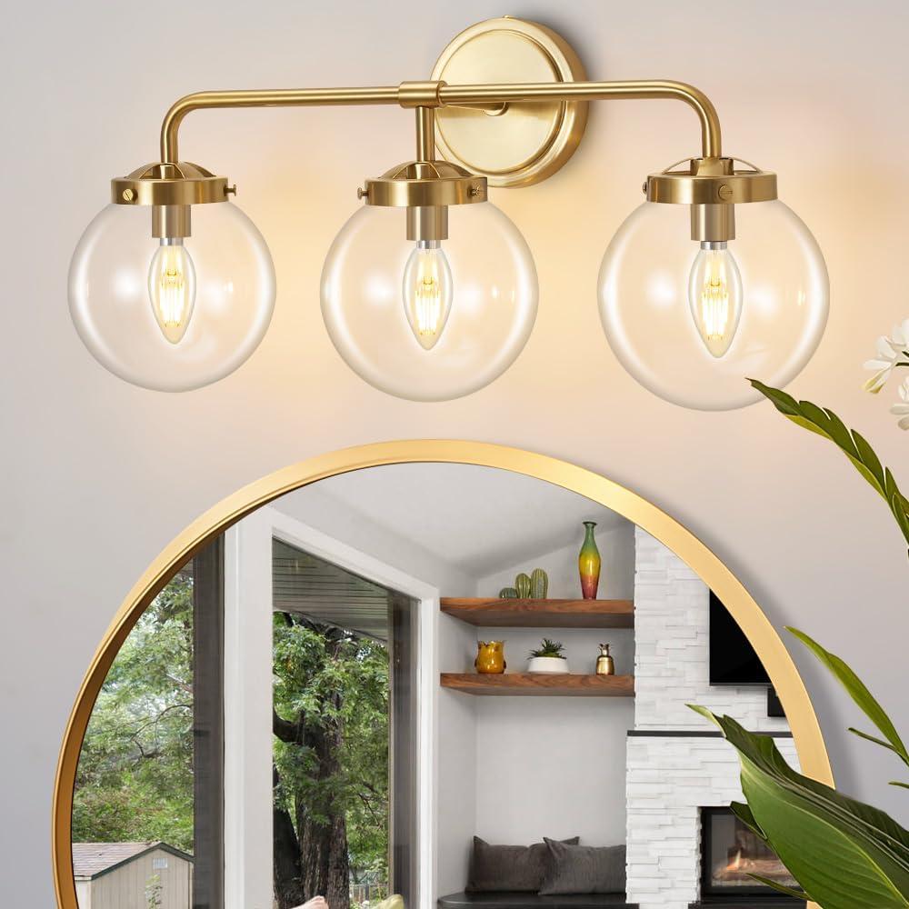 Bathroom Vanity Light Fixtures Over Mirror, Modern Matte 3 Lights Wall Sconce Lighting with Transparent Glass Ball Shade, Mid Century Farmhouse Vanity Lights (Gold)
