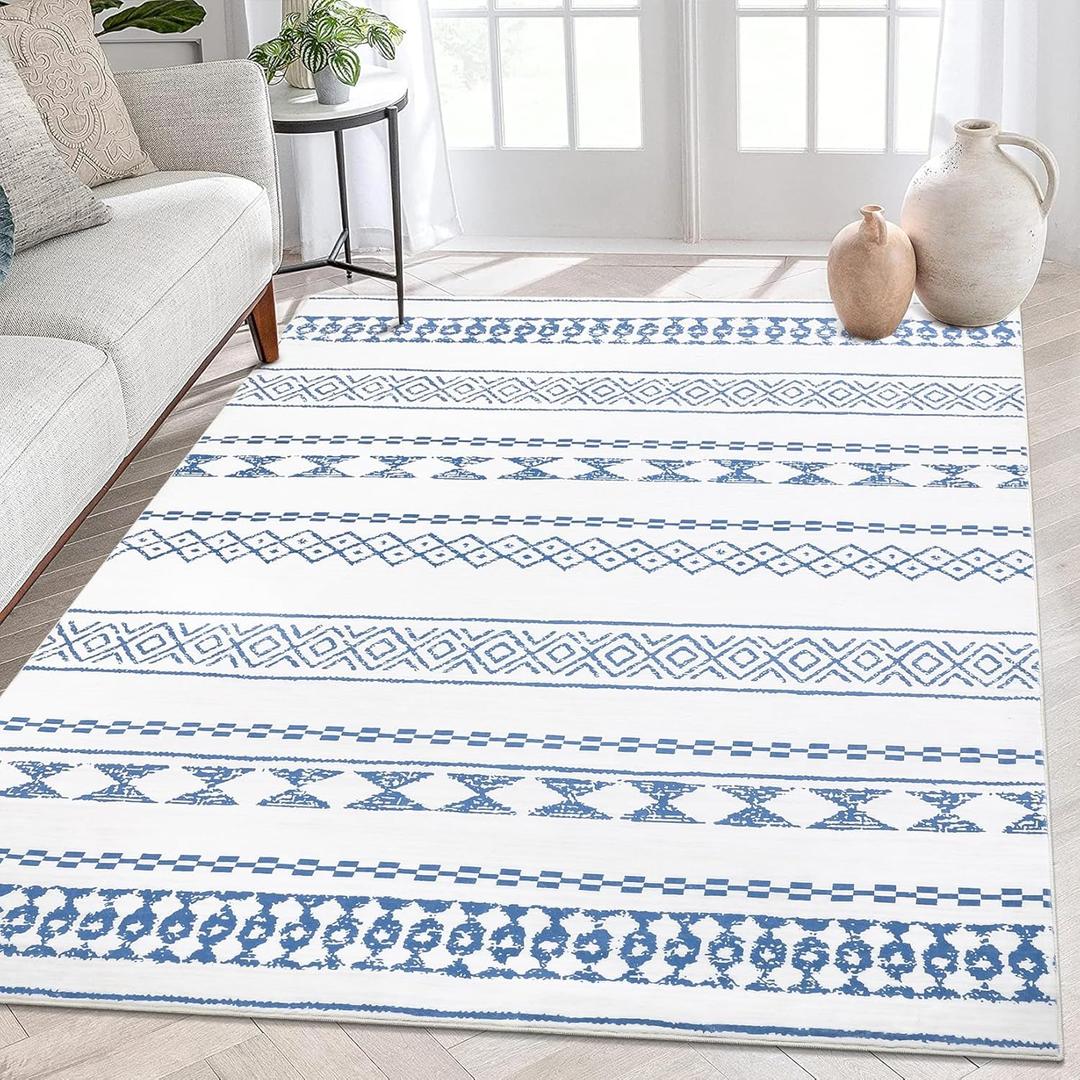 Boho Area Rug 5' x 7' - Machine Washable, Low Pile, Farmhouse, Modern Geometric, Stain Resistant for Living Room, Bedroom, Dining Room - Blue