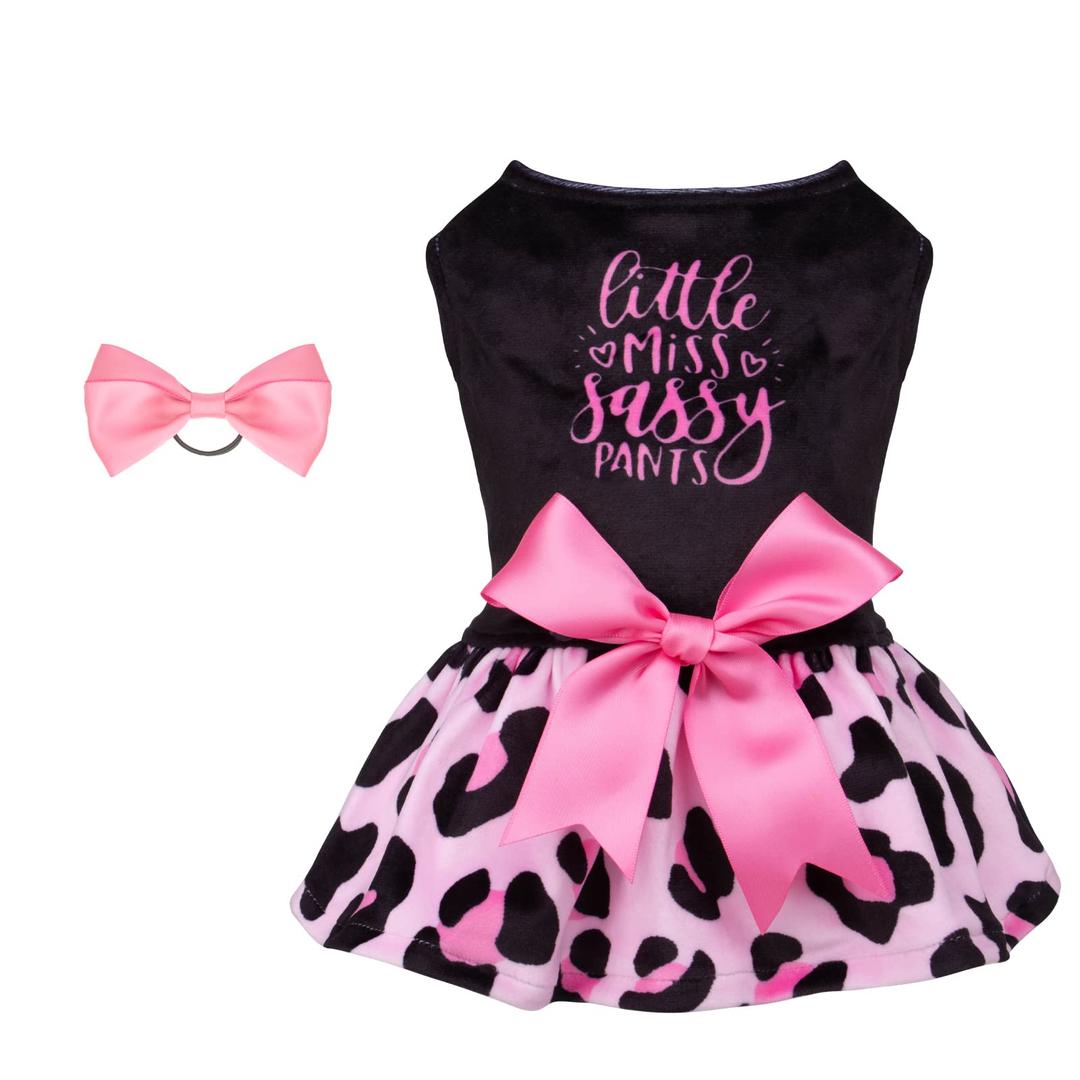 CuteBone Little Miss Sassy Pants Dog Leopard Print Dress Velvet for Small Dogs Girl Puppy Dresses Pink Dog Clothes CVA15S-D