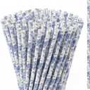 Honeydak 50 Pieces Blue and White Floral Reusable Straws Bulk 9" Floral Hard Plastic Drinking Straws for Beverage Cocktail Mason Jar Tumbler Birthday Wedding Tea Party Supplies