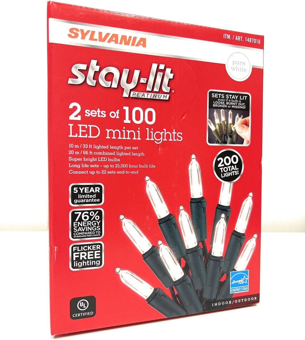 Energy Star Sylvania Stay-Lit Platinum 100 Led Mini Lights (Pure White) (2 Pack)