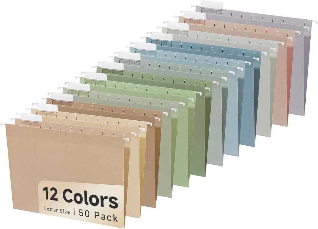 50pcs Decorative Hanging File Folders,Filing Cabinet, Letter Size with 1/5-Cut Adjustable Tab Durable 12 Color Assorted, 50 pcs Per Box,Cute,Color,Pink,Pastel (Earth)