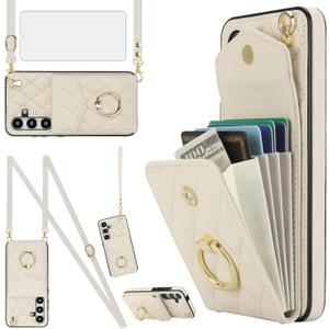Asuwish Phone Case for Samsung Galaxy S24 Plus S24+ 5G Wallet Cover with Tempered Glass Screen Protector and Wrist Strap Ring RFID Blocking Card Holder Cell S24plus 24S + S 24 24+ Women Men Off White