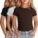 3 Pack Girls Short Sleeve Cute Shirts | Ribbed Knit, Crew Neck, Slim Fit, Summer, Basic, Soft, School Outfit, Trendy, Ages 5-14, Solid Colors, Versatile Styling