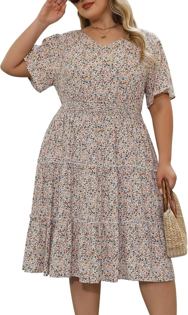 Nemidor Womens Plus Size Summer Midi Dress Casual Tiered Floral Print Beach Swing Boho Dresses with Pocket 16-26 (Beige)