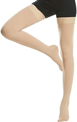 Beister Medical Closed Toe Thigh High Compression Stockings with Silicone Band for Women & Men, Firm 20-30 mmHg Graduated Support for Varicose Veins, Edema, Flight, Beige, Large