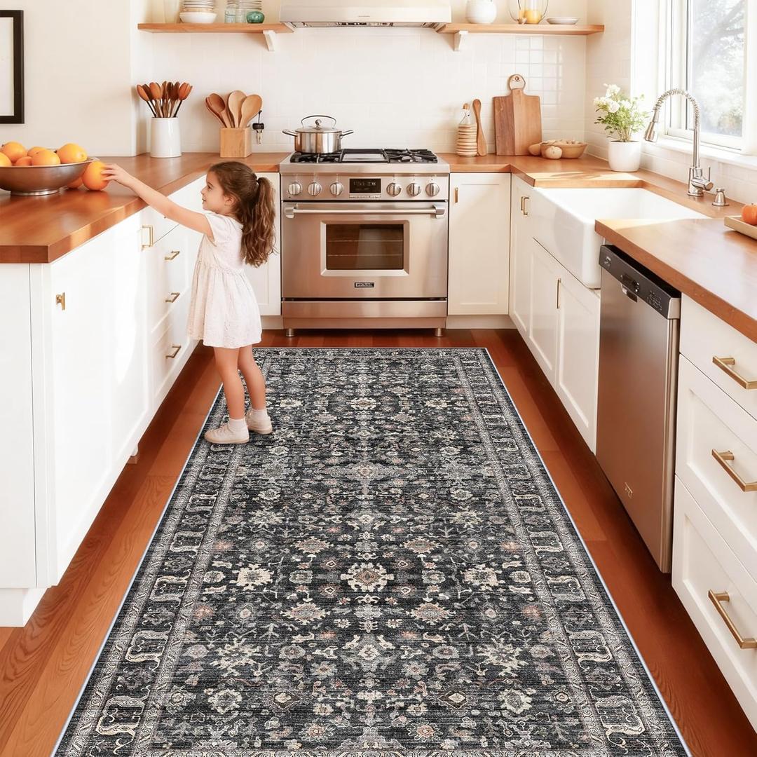 4x10 Wide Hallway Runner Rug: Washable 10ft Runners for Living Room Bedroom Kitchen - Stain Resistant Non Slip Soft Low Pile Vintage Floral Carpet (Dark Black Gray, 4X10)