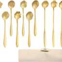 12 Pcs Flower Coffee Tea Spoons Set with Storage Bag, 4 Long & 8 Short Stainless Steel Teaspoons for Sugar Dessert Ice Cream Stirring, Cute Fancy Tableware for Tea Party Kitchen Cafe Bar(Gold)