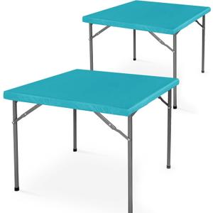 LUSHVIDA 2 Packs Vinyl Card Tablecloth with Flannel Backing 48x48 inch - Waterproof Plastic Picnic Table Cover for Square Folding Table Cloth with Elastic Corners, Teal