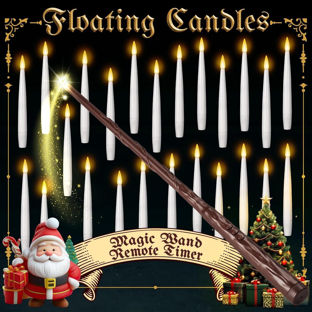 NURADA Floating Candles with Wand Remote Timer - 24 Pcs Magic LED Hanging Flameless Taper Candles Flickering Battery Operated for Halloween Birthday Theme Party Holiday Home Window Decor - White
