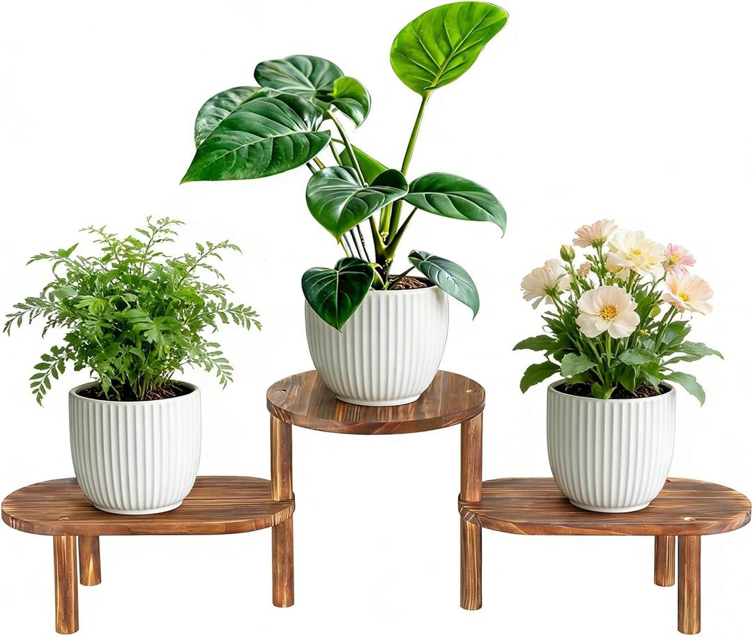 3 Tier Corner Plant Stand Indoor - Adjustable Wood Convex Flower Stand for Small Spaces, Heavy Duty Long Plant Shelf for Living Room Balcony Hallway