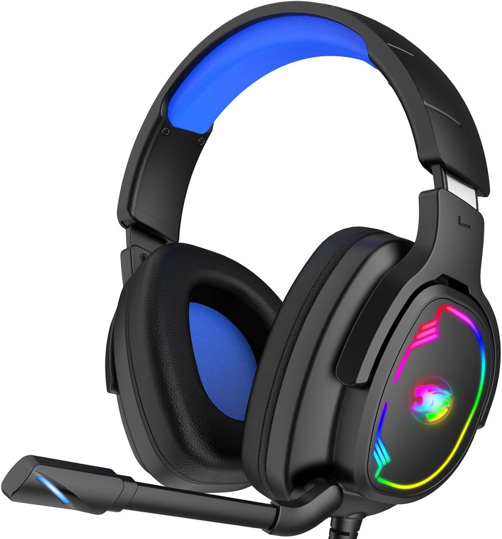 Jimonyer Gaming Headset for PC/PS4/PS5/Xbox One/Switch, Stereo Surround Sound Gaming Headphones with Noise Canceling Flexible Mic, Computer Headset with 3.5mm Jack & RGB Light(Blue)