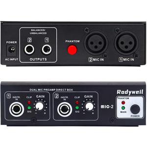 Microphone Preamp Mic Booster 4 Input Max 65db DI Box with 48V Phantom Power for Dynamic and Condenser Mic