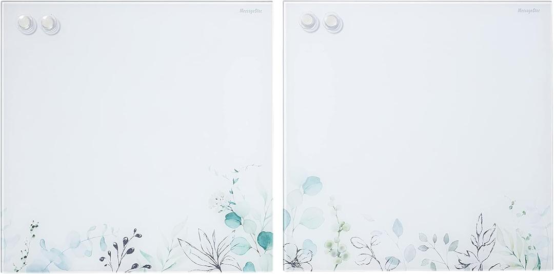 ECR4KIDS MessageStor Magnetic Dry-Erase Glass Board with Magnets, 17.5in x 17.5in, Wall-Mounted Whiteboard, Botanical, 2-Pack