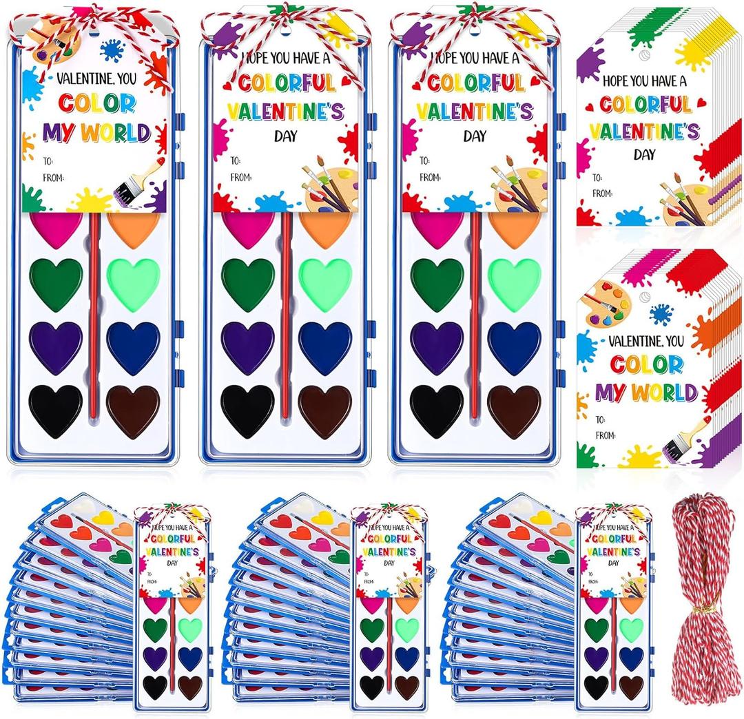 Sabary 18 Pack Valentines Day Watercolor Paint Sets Gifts Washable Watercolor Paintings with Card and 20 Meters Red Rope for Art Gifts Exchange Bulk