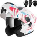 Adult Modular Motorcycle Helmets, DOT Approved Flip up Dual Visor Full Face Helmet for Men Women Moto ATV UTV Snowmobile ADV Four Wheeler Street Bike with Gloves & Mask (Pink Blue White, L)