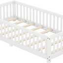 Bellemave Twin XL Floor Bed Frame with 18.5" High Guardrails & Detachable Side Fence, Low to Ground Wood Twin XL Platform Bed for Kids Girls Boys with 8 Sturdy Slats Load 350LBS, White