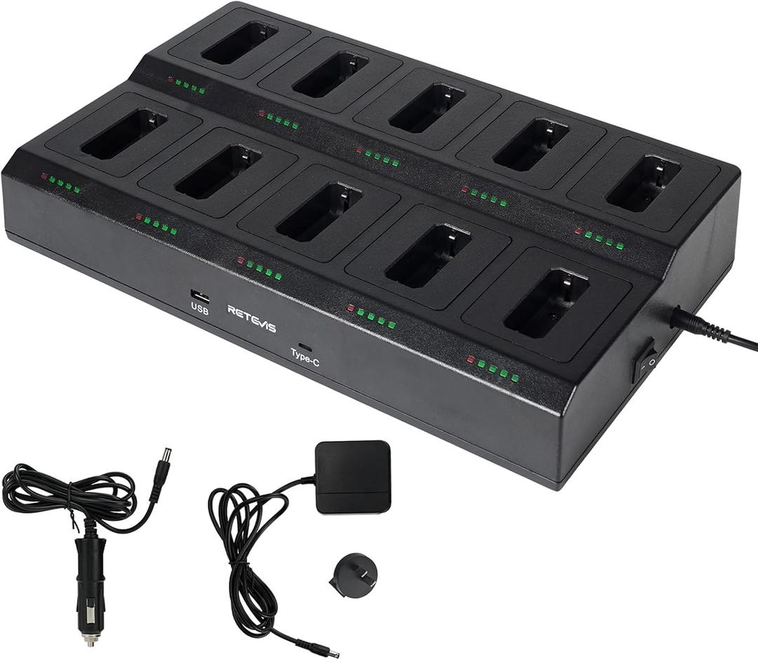 Retevis RT22 10-Way Walkie Talkie Charger, Ten Way Multi Unit Charger, for Retevis RT22 RT22S RB19 RB19P RB39 RB39P Walkie Talkie and Battery, 5 LED Indicators, AC/DC Adapter, Replaceable Base(1 Pack)