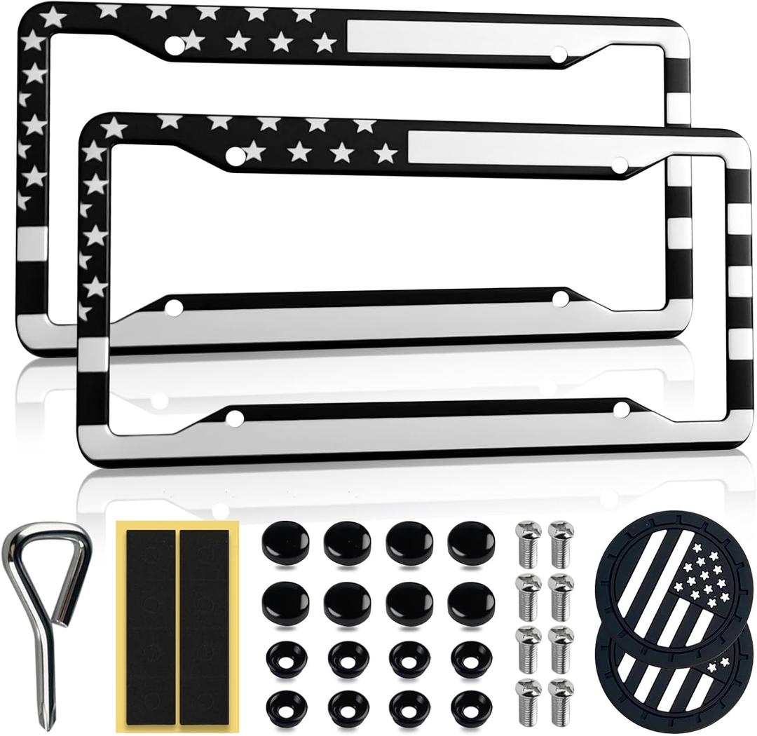 2 Pack OLLEN American Flag License Plate Frames, Aluminum Alloy US Patriotic Car Tag Holder Protector, with Mount Hardware, Anti-Theft Caps, 8 Rattle Proof Pads, Screwdriver, Black+Silver