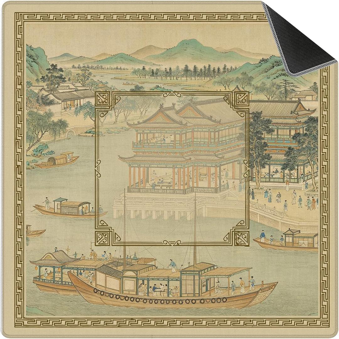 Retro Chinoiserie Mahjong Mat 31.5 x 31.5 in, Vintage Oriental Non-Slip Noise Reduction Mahjong Table Cover Accessories and Supplies for Dominoes Poker Card Board and Tile Games Gifts