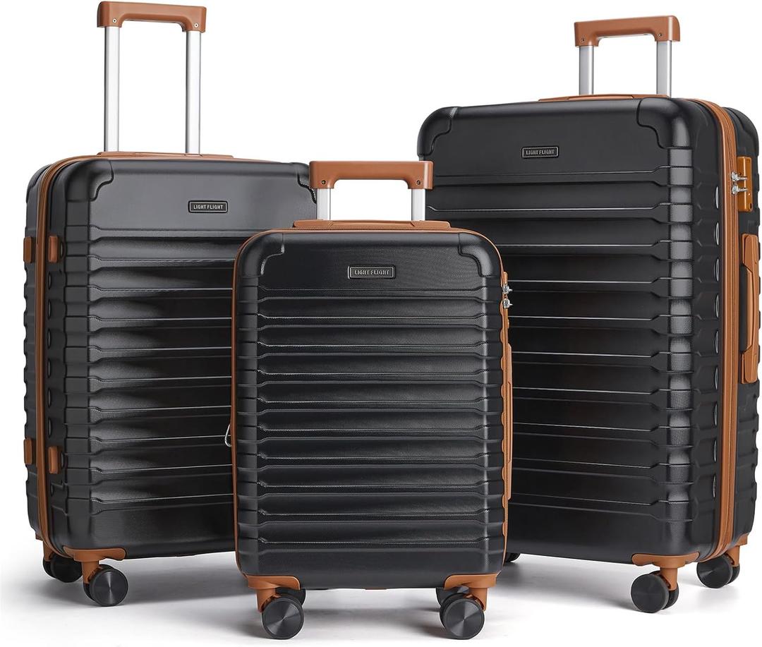 LIGHT FLIGHT Luggage Sets, 2 Piece Durable Suitcase Set with Spinner Wheels, 3 Pcs Hardside Lightweight luggage with TSA Lock, Large Checked Travel Suitcases, 20/24/28 Inch,Black/Brown