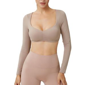 Women's Built-in Pads Long Sleeve Crop Top, Sports Bolero Workout Shrug with Ruched Chest Tee Shirt (M)