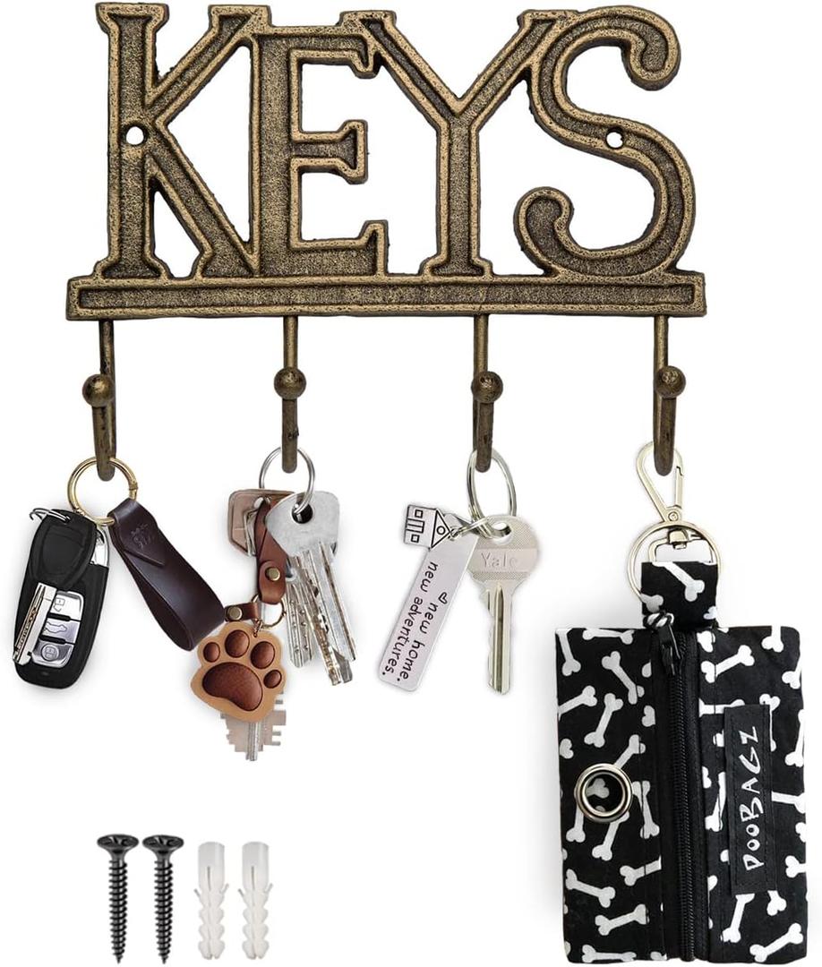 Key Holder for Wall - Cast Iron Decorative Farmhouse Rustic Wall Mount Key Organizer - 4 Key Hooks - Vintage Key Rack for Entryway with Screws and Anchors  6x8 - Gold with Black (Large)