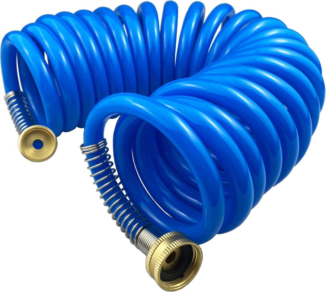 Heavy-duty PU Coil Hose, Self-Coiling Garden Hose with Solid Brass Fittings, Retractable, Corrosion Resistant, for Household (20 FT, Blue)