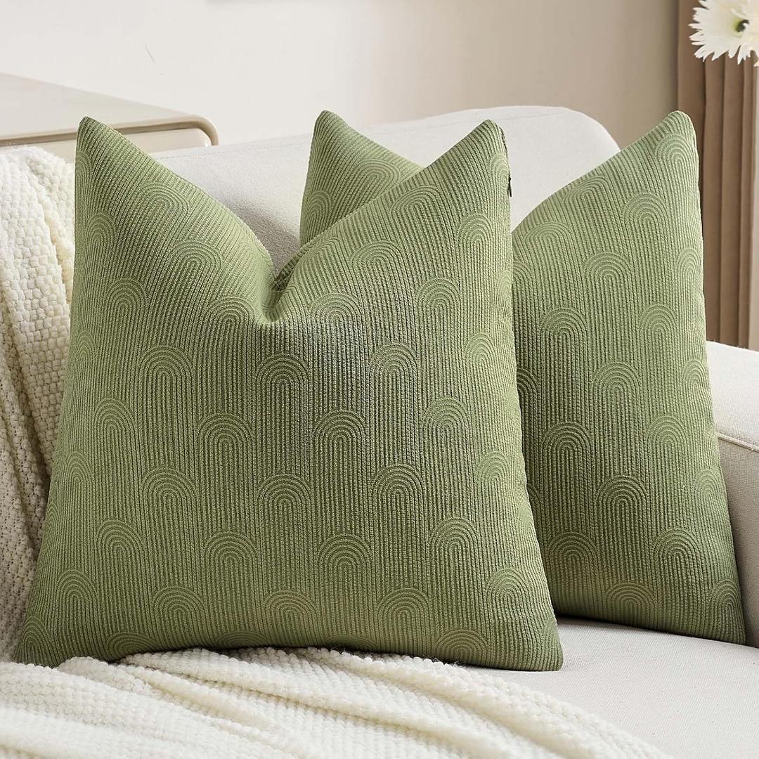 FUTEI Pack of 2 Chenille Decorative Throw Pillow Covers 20x20 Inch,Soft Cozy Striped Geometric Patterns Cushion Case,Modern Home Decor for Couch Bed Living Room,Olive Green