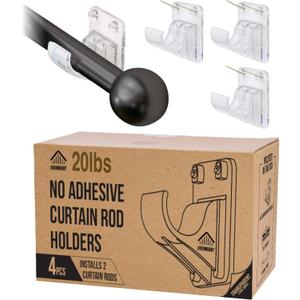No Adhesive Heavy Duty Curtain Rod Holders with Wide Hook, 5X Stronger Than Adhesive Curtain Rod Hooks,Tension Curtain Rod Bracket for Wall with Pin Guide, Curtain Wall Mount (4 Pack, for 0.75" Rods)