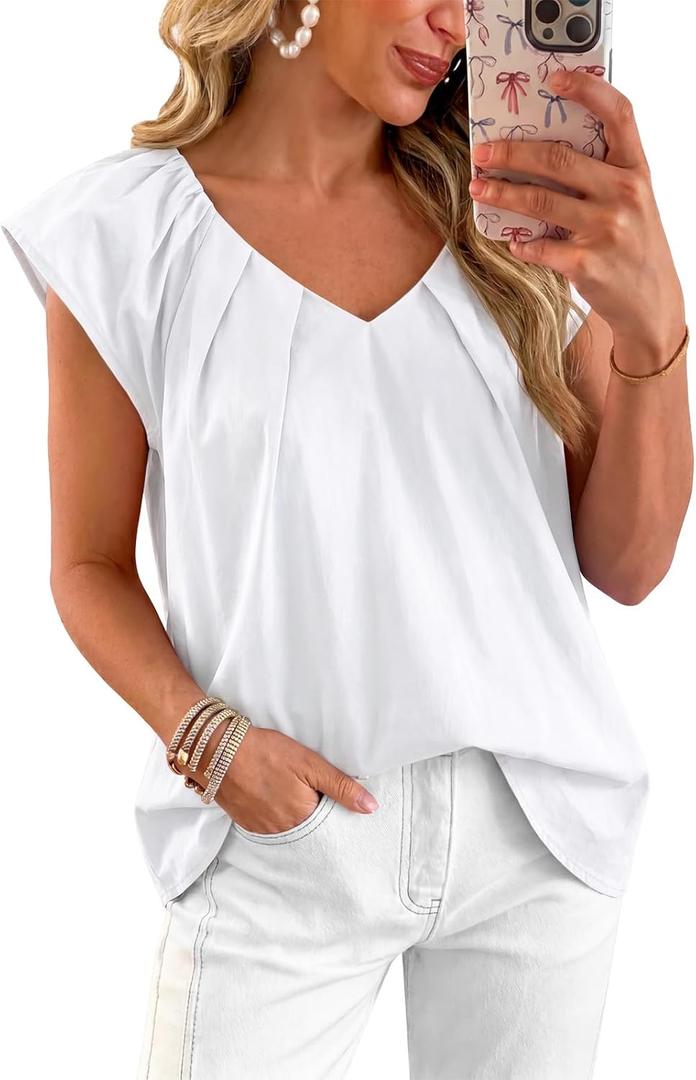 Tankaneo Womens Cap Ruffle Sleeve Tops V Neck Pleated Cotton Blouses | Loose Fit, Summer Dressy Casual, Cotton Shirts (White, S)
