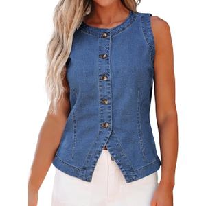 luvamia Denim Vest for Women Sleeveless Strechy Jean Vest Top Button Down Crewneck Casual Summer Western Waistcoat (XX-Large, Medium Blue)