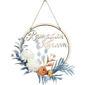Ramadan Kareem Wreaths for Front Door, Eid Al-Fitr Artificial White Flowers Hanging Ramadan Door Wreath, Islamic Ramadan Decorations for Home Party (Blue)