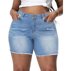 Women Plus Size Jean Shorts Stretchy High Waisted Frayed Raw Hem Denim Shorts 5.5" Inseam (Dark Blue-110)