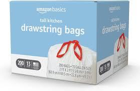Basics Tall Kitchen Drawstring Trash Bags, Sturdy, 13 Gallon, Unscented, 200 Count