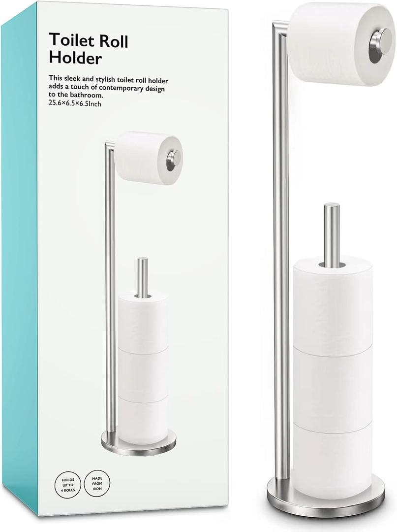 Toilet Paper Holder Stand, Bathroom Toilet Paper Roll Holder Stand with Reserve, Standing Toilet Paper Holder with Storage,Toilet Paper Roll Holder for 4 Rolls, Brushed Nickel