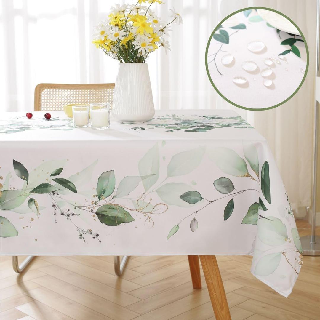 Honellaty Summer Tablecloth Rectangle, Watercolor Eucalyptus Leaves-Printed Spill-Proof Machine Washable Polyester Floral Table Cloth for Indoor/Outdoor Table Decor 60 x 84 Inches