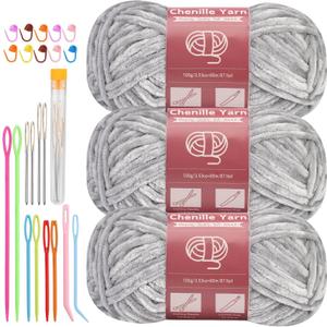 LUNARM Chenille Yarn for Crocheting Knitting, 3 Skein 263 Yard Thick Soft Chunky Fluffy Weaving Plush Yarn for Blankets Clothes Pattern Creations with Big Eye Needles (Light Grey) (Solid Color)