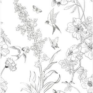 Peel and Stick Wallpaper Black and White Contact Paper Floral Bird Wallpaper Boho Removable Wallpaper Decorative Self Adhesive Wallpaper Contact Paper for Cabinets Wall Paper 17.3" x 118"