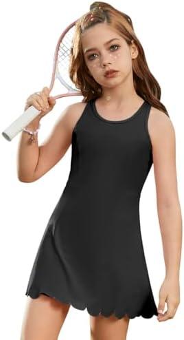 Girls Tennis Dress Sleeveless Pickleball Athletic Dress Golf Outfit with Detachable Built-in Bra & Shorts Pockets 12-13Y
